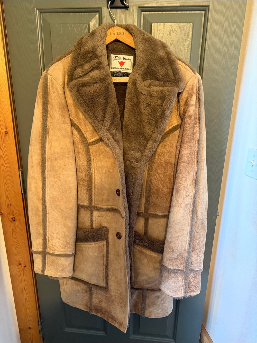 Field & Stream Shearling Trench Coat in Beige and Brown